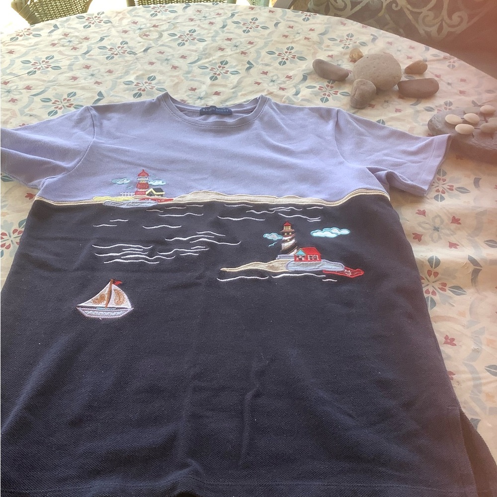 Karen Scott Lavender and Navy Nautical Embroidered Tee